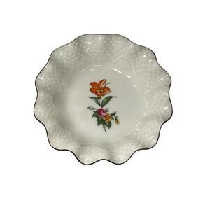 Vintage Bing Grondahl 350 Scalloped Trinket Candy Dish Ruffle Gold Saxon Floral